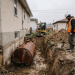 Contractor beside an excavated underground oil tank next to a Winnipeg house foundation