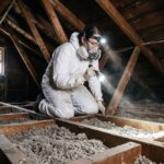 Home inspector in protective coveralls examining vermiculite insulation in the attic of a Winnipeg bungalow