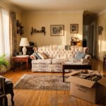 Living room of an older Manitoba home with furniture and belongings prepared for an estate sale