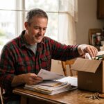 Homeowner sorting paperwork into a moving box at a kitchen table while preparing to sell after a job loss
