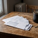 Unopened window envelopes and a set of house keys on a worn kitchen table in Winnipeg winter light, representing missed mortgage payments and foreclosure notices in Manitoba