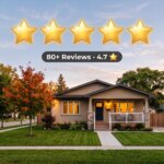Five gold stars and an 80+ Reviews 4.7-star badge above a renovated bungalow on a leafy Winnipeg street at golden hour