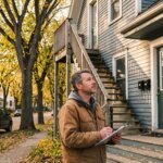 A landlord with a clipboard looking up at an older wood-frame Winnipeg house converted into rental suites, with two front doors, separate mailboxes and an exterior staircase, on an autumn street, representing deciding whether to sell a rental under Manitoba rent control
