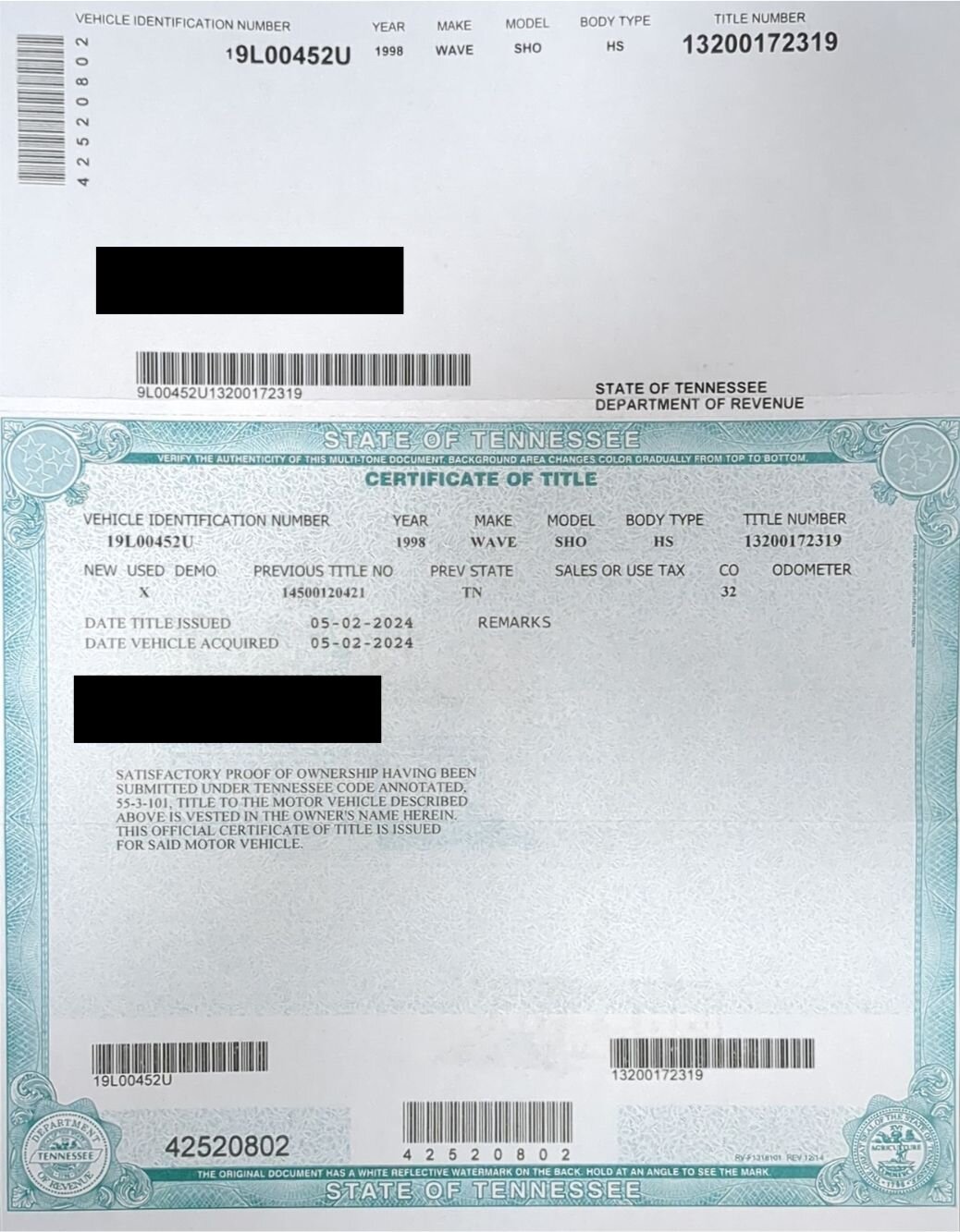 Tennessee mobile home title paperwork for Knox County property