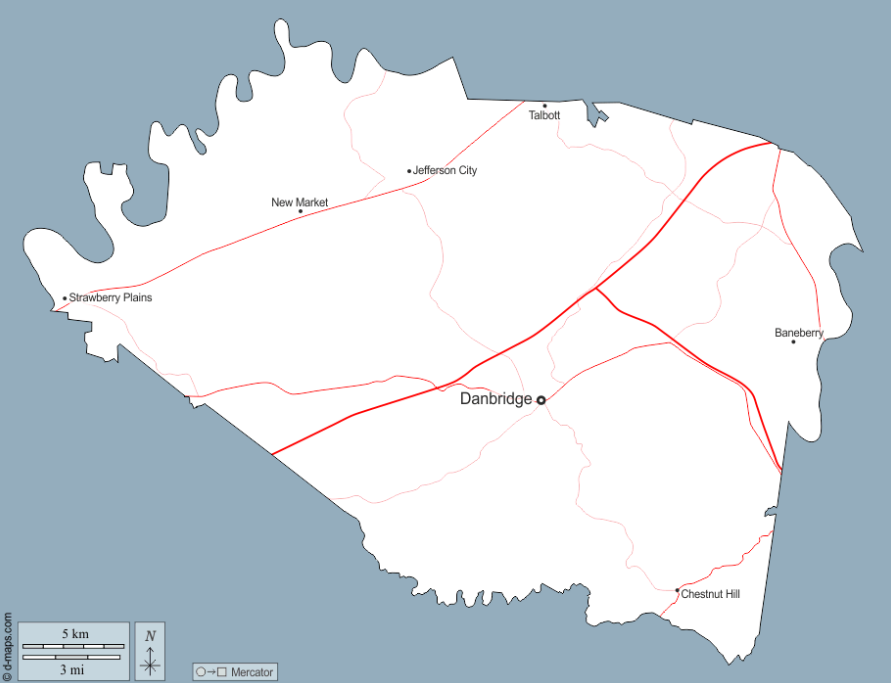 Map of Jefferson County TN showing major communities and rural areas