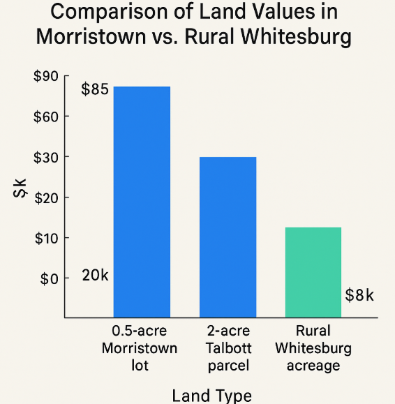 Chart comparing Hamblen County land prices by location and utilities