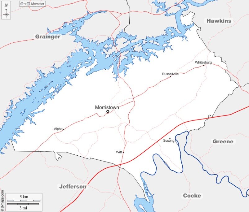 Map of Hamblen County TN showing major communities and rural areas