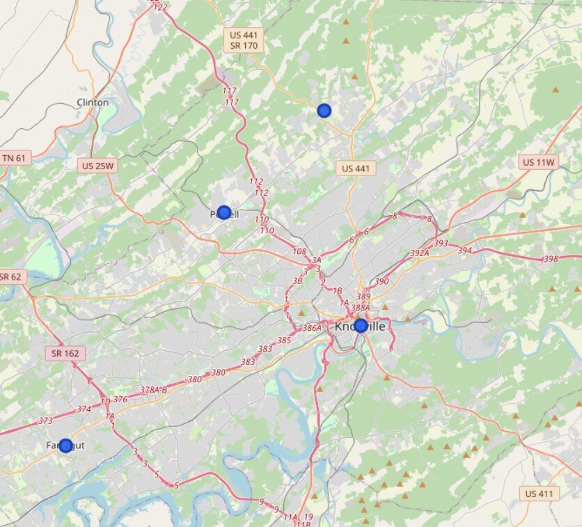 Map of Knox County TN highlighting Knoxville, Farragut, Powell, Halls, and rural land areas