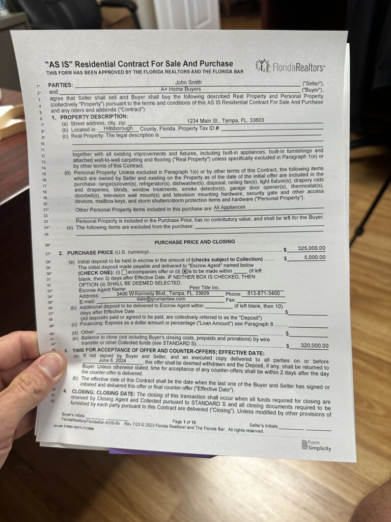 Picture of a sample florida Far/Bar contract that A+ Home Buyers uses for all their offers.
