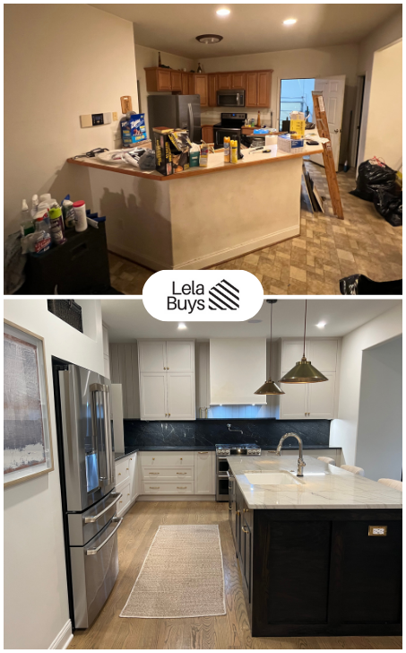 Before and after renovation photos showing Lela Buys' transformation of a Chesterfield VA hoarder house into a luxury kitchen - we buy houses as-is and renovate them