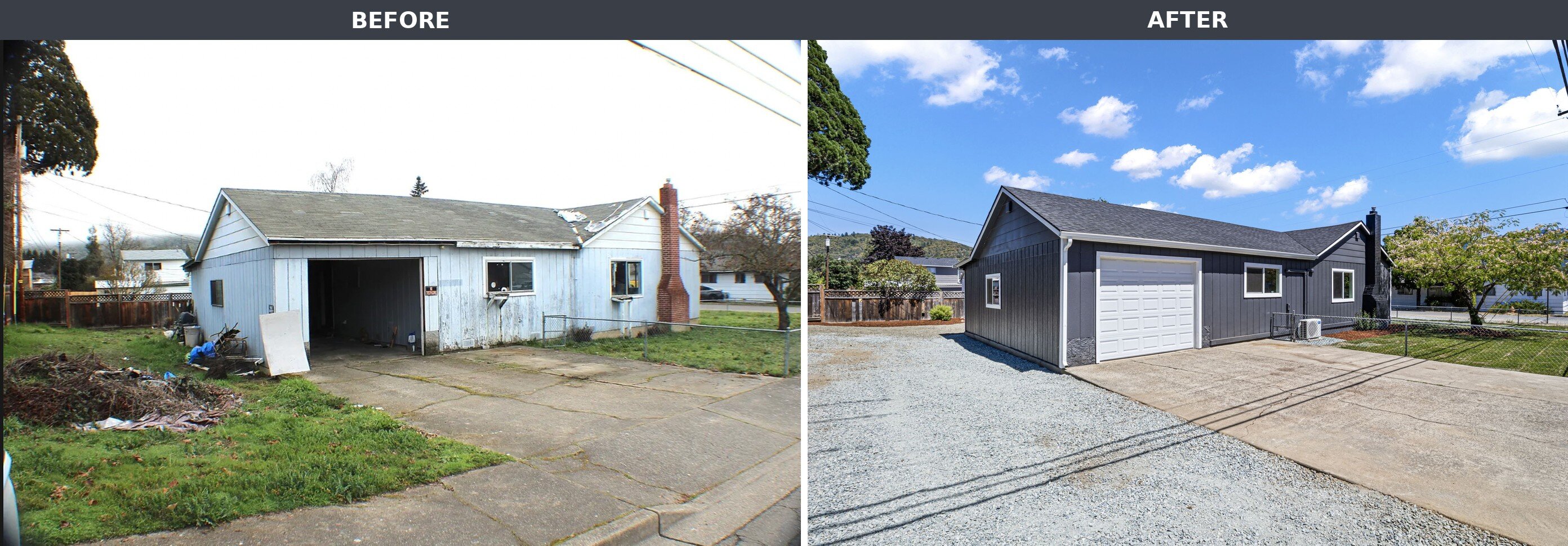 Before and after of a house Restoring Northwest bought and renovated in Riddle, Oregon