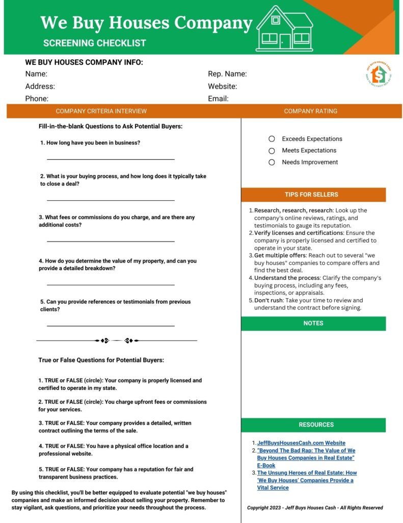 we buy houses screening checklist