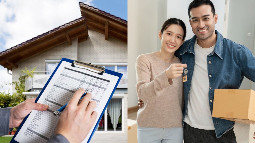 left side of image shows investor performing inspection right side of image shows couple in newly purchased home