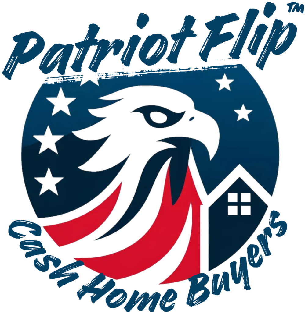 PatriotFlip Logo featuring Cash Home Buyers, an eagle with stars and a house silhouette on a patriotic red and blue background.