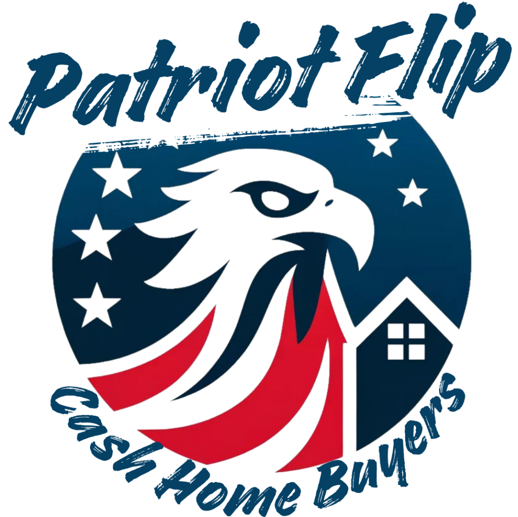 PatriotFlip Logo featuring Cash Home Buyers, an eagle with stars and a house silhouette on a patriotic red and blue background.