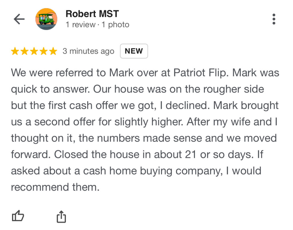 Patriot Flip LLC Real Estate Cash Home Buyers in Arizona Google Reviews five star rating