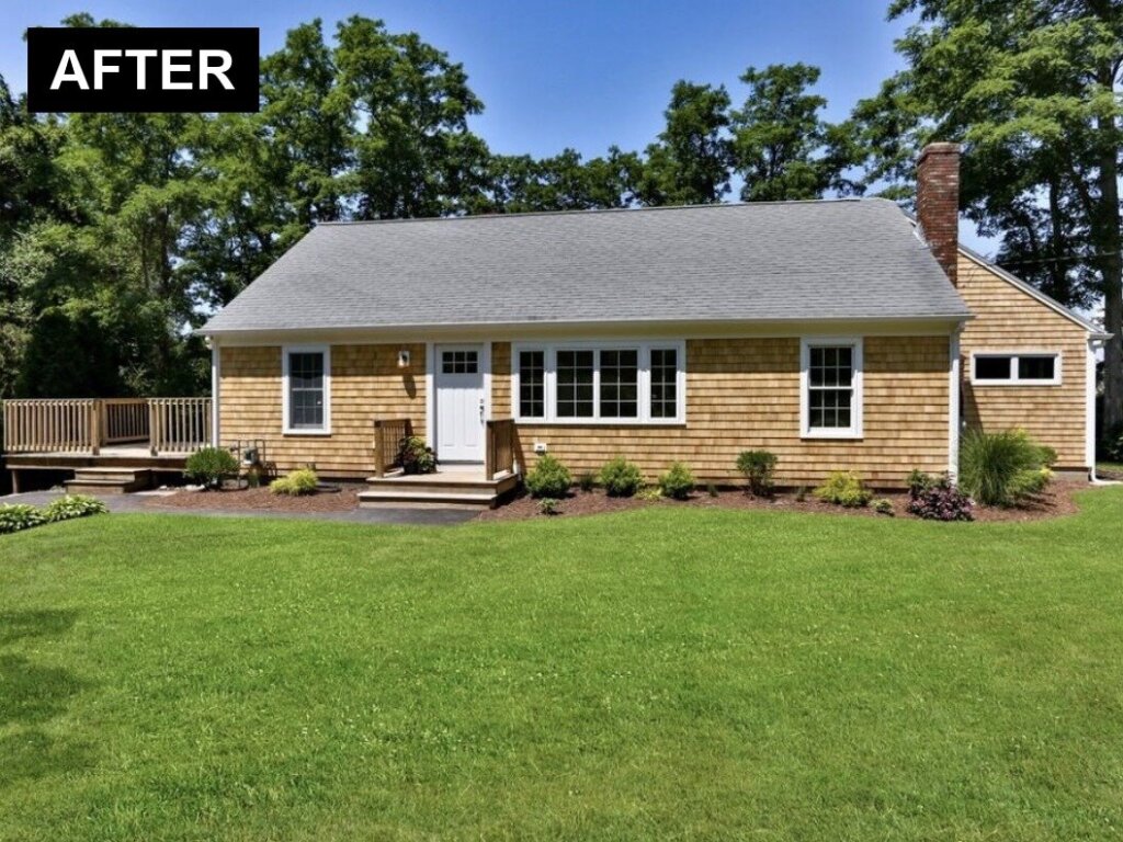 Same Falmouth MA Cape after work by Pilgrim Hill Holdings, new cedar shingles