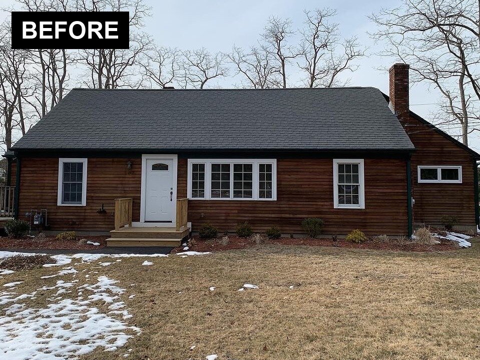 Falmouth MA Cape with dark stained siding before work by Pilgrim Hill Holdings