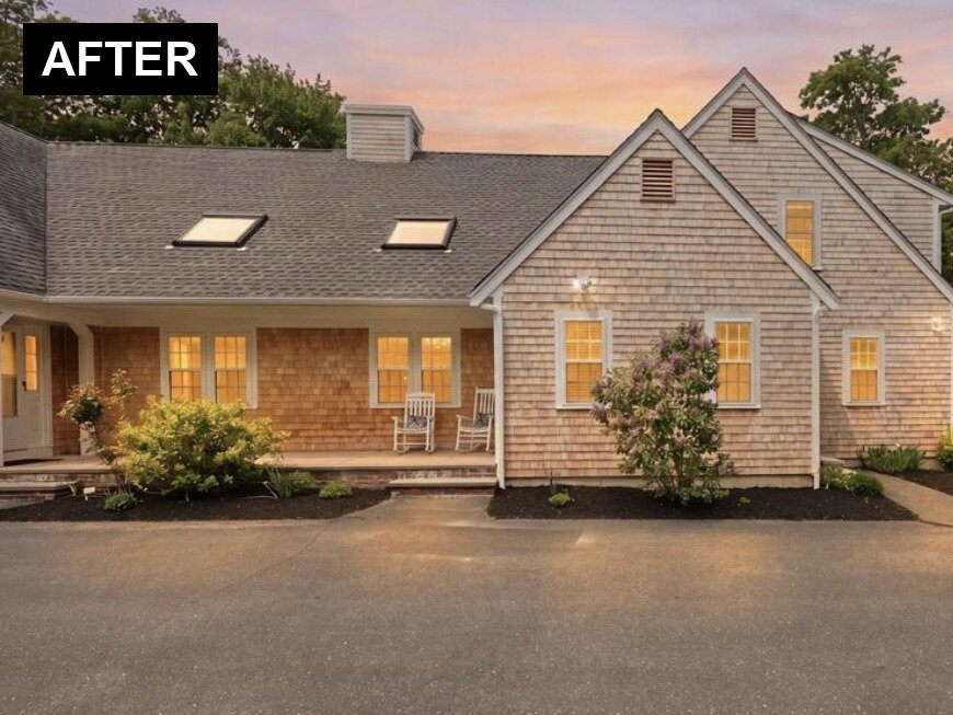 Same Falmouth MA two-unit home after work by Pilgrim Hill Holdings, new cedar shingles
