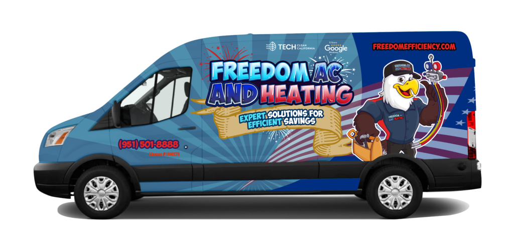 Company van with a full wrap displaying the Freedom AC and Heating logo and contact information, parked outside a residential home. The van is white with vibrant blue and red graphics, showcasing the company's services and branding.