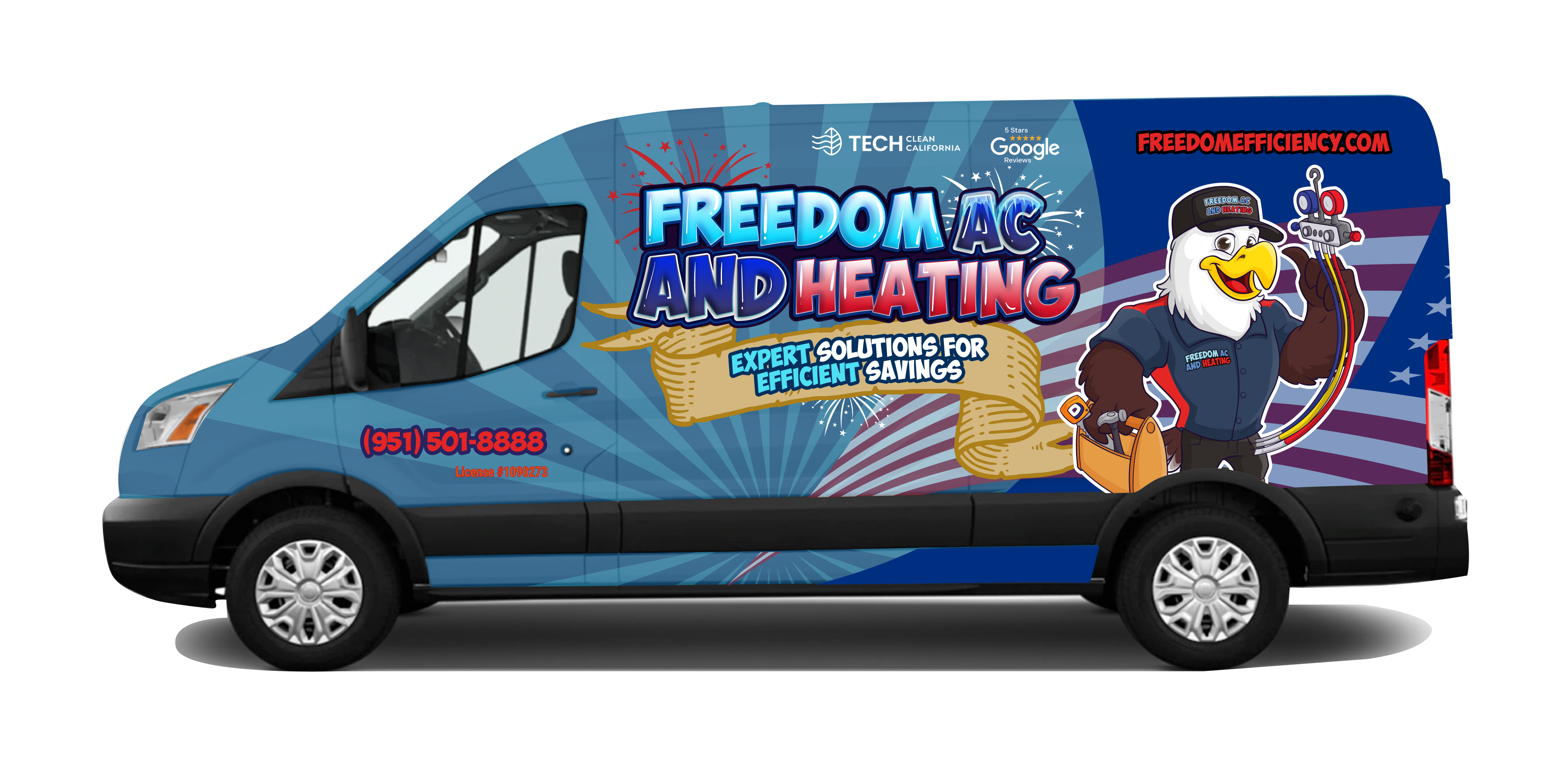 Freedom AC and Heating service van with company logo and contact information.