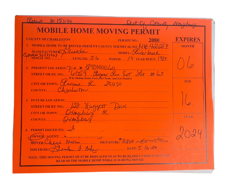 Mobile Home Moving Permit Acquired by Mobile Home Mover