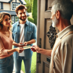 handing a $25 gift certificate to a smiling homeowner in Ohio, symbolizing a hassle-free home selling process with no need for cleaning or repairs.