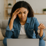Young woman sitting at a kitchen table reviewing home expenses, looking concerned about selling her recently purchased house in Ohio.