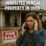 Woman on phone in front of an inherited rental property in Ohio with a For Sale sign