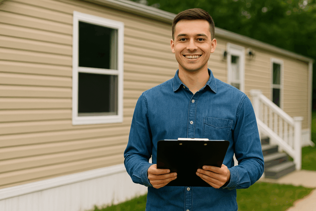 A young man standing in front of a mobile home, smiling and holding a clipboard during a property visit in Ohio.
