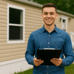A young man standing in front of a mobile home, smiling and holding a clipboard during a property visit in Ohio.