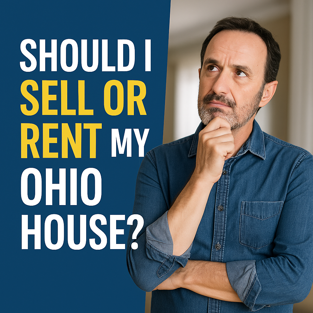 A thoughtful middle-aged man deciding whether to sell or rent his Ohio house, with bold text asking 'Should I Sell or Rent My Ohio House