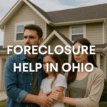 A family standing outside a suburban Ohio house looking concerned, symbolizing foreclosure help and housing stress.