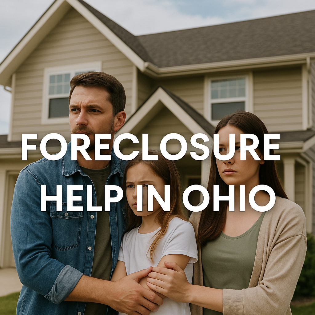 A family standing outside a suburban Ohio house looking concerned, symbolizing foreclosure help and housing stress.