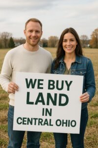 A wide open piece of farmland in Central Ohio with a ‘For Sale’ sign, representing Property Peace’s commitment to buy land in Central Ohio for cash