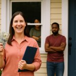 Happy landlord holding cash outside an Ohio rental home while difficult tenants watch from a window — showing how Property Peace helps landlords sell tenant-occupied properties fast and hassle-free.