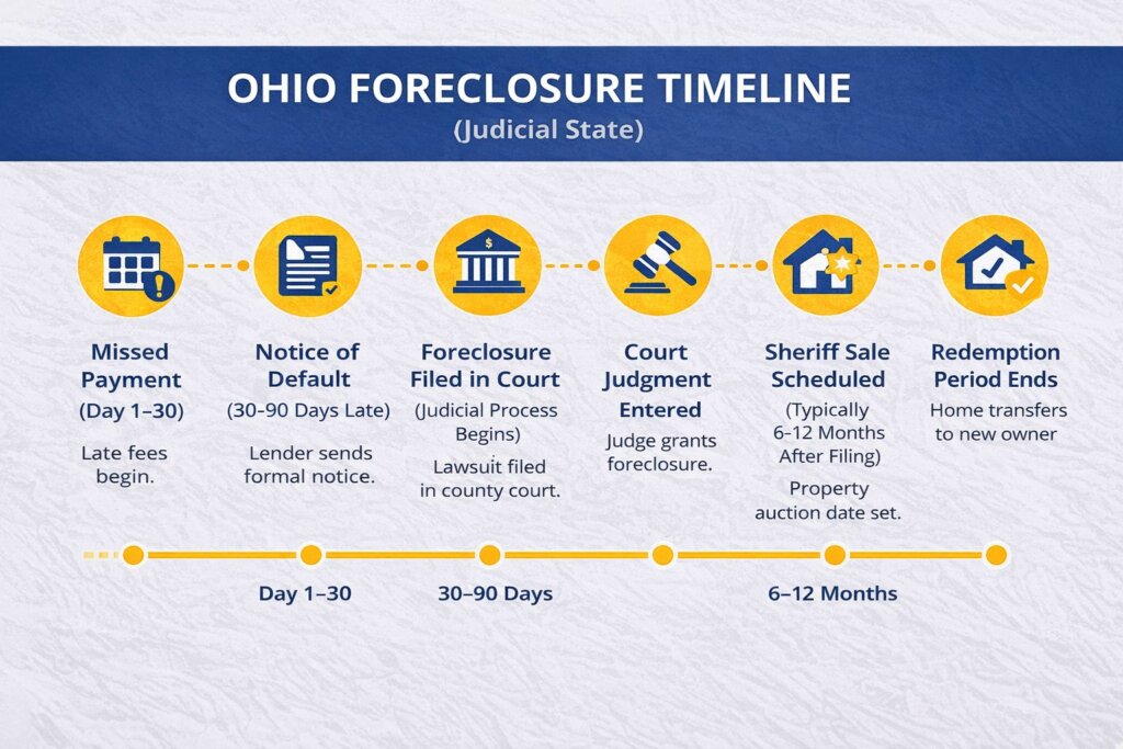 Ohio judicial foreclosure timeline from missed payment to sheriff sale
