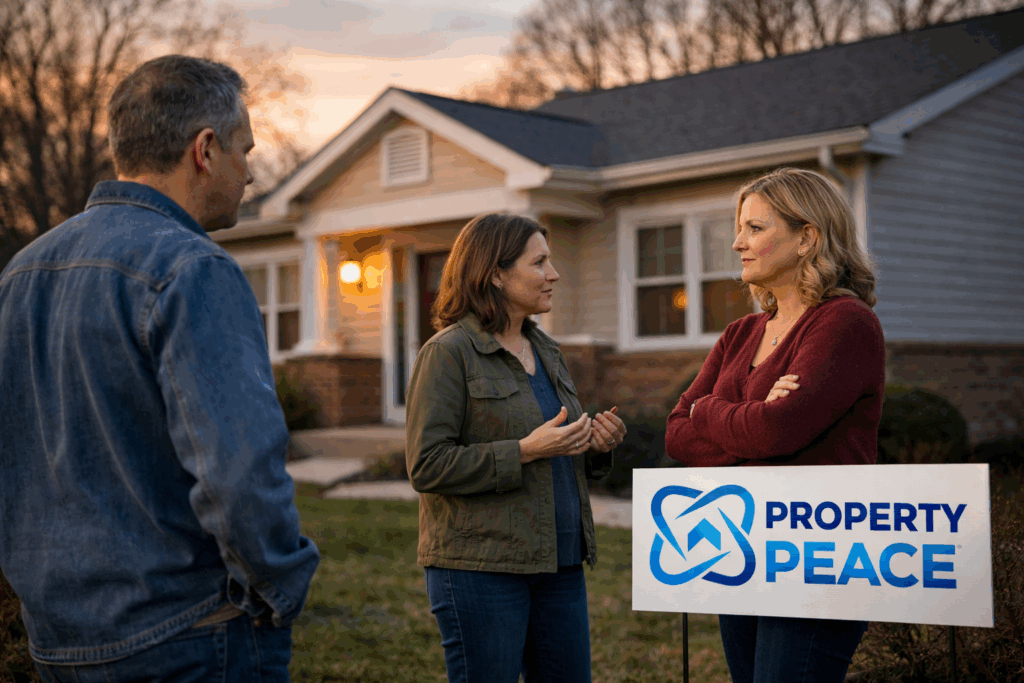 family discussing inherited house with multiple heirs in Ohio in front of property peace home