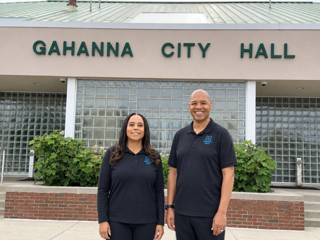 Tony and Angie Stewart front of Gahanna City Hall