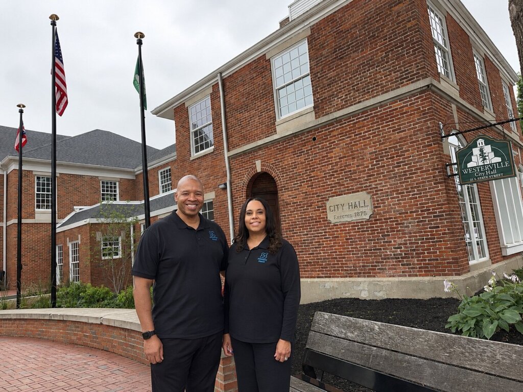 Tony and Angie Stewart front of Westerville City Hall