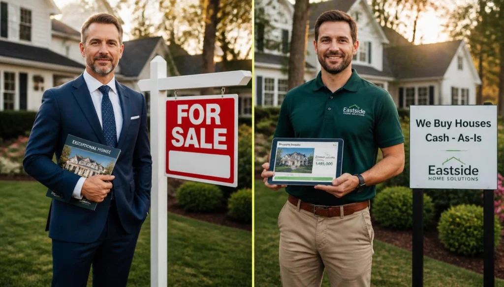 Real estate agent holding property brochure next to 'For Sale' sign.