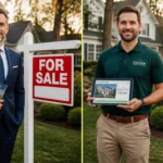 Real estate agent holding property brochure next to 'For Sale' sign.