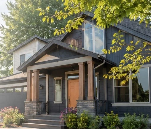 Modern black house exterior with porch and landscaped front yard.