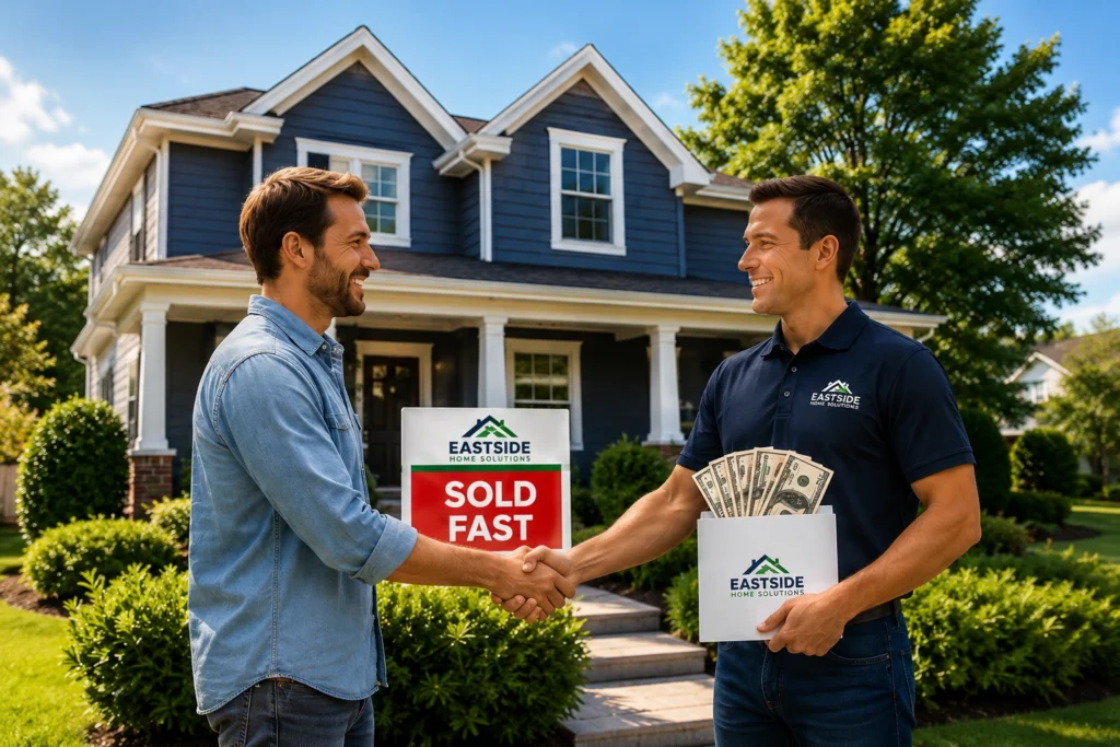 Two men shaking hands in front of a house, one holding cash and a 'SOLD FAST' sign.
