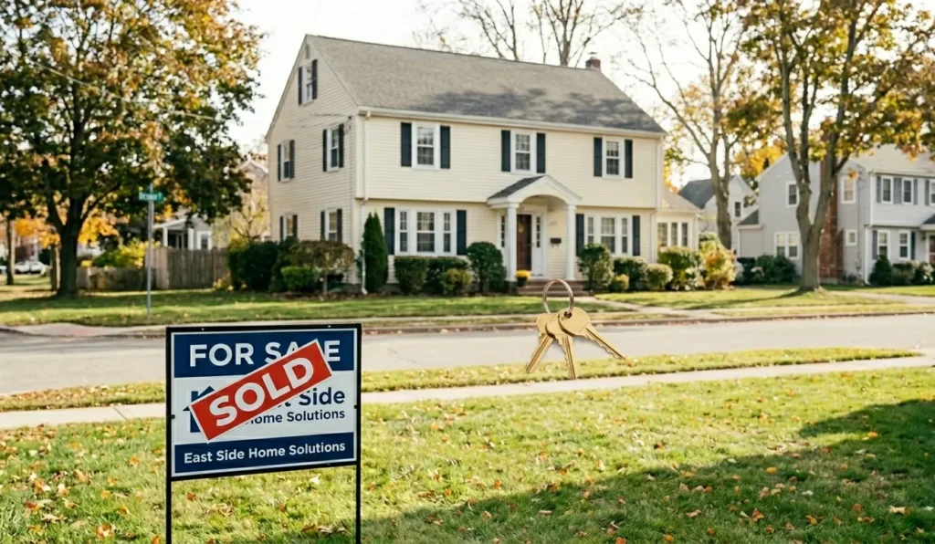Sold sign in front of a charming yellow house with a lawn.