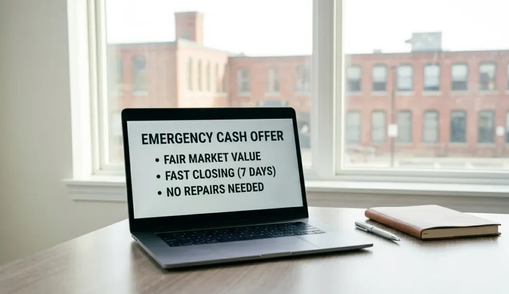 Laptop displaying an emergency cash offer for real estate with key terms listed.