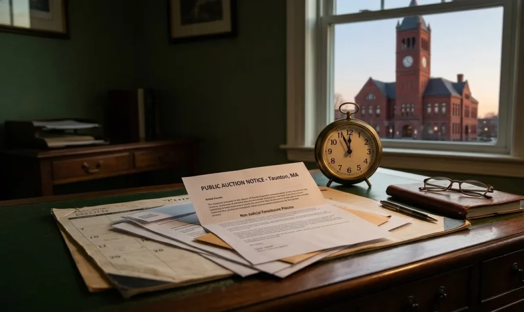 Urgent public auction notice documents on a wooden desk with a desk clock ticking down, featuring the historic red brick Taunton City Hall building visible through the window.