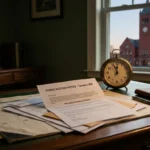 Urgent public auction notice documents on a wooden desk with a desk clock ticking down, featuring the historic red brick Taunton City Hall building visible through the window.
