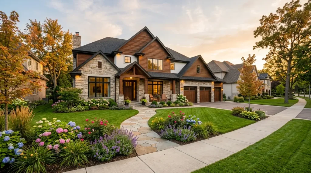 Beautiful modern house with stone facade and landscaped garden at sunset.
