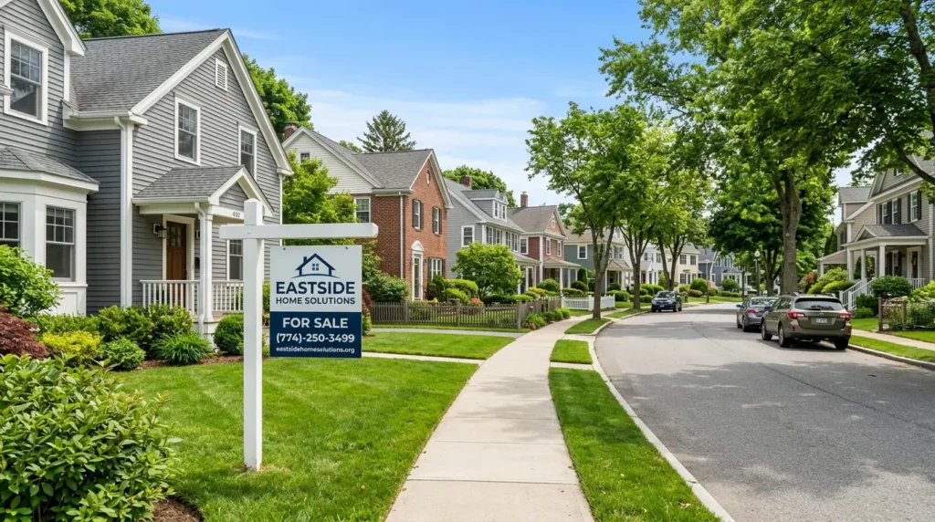Charming suburban street with houses for sale and a real estate sign.
